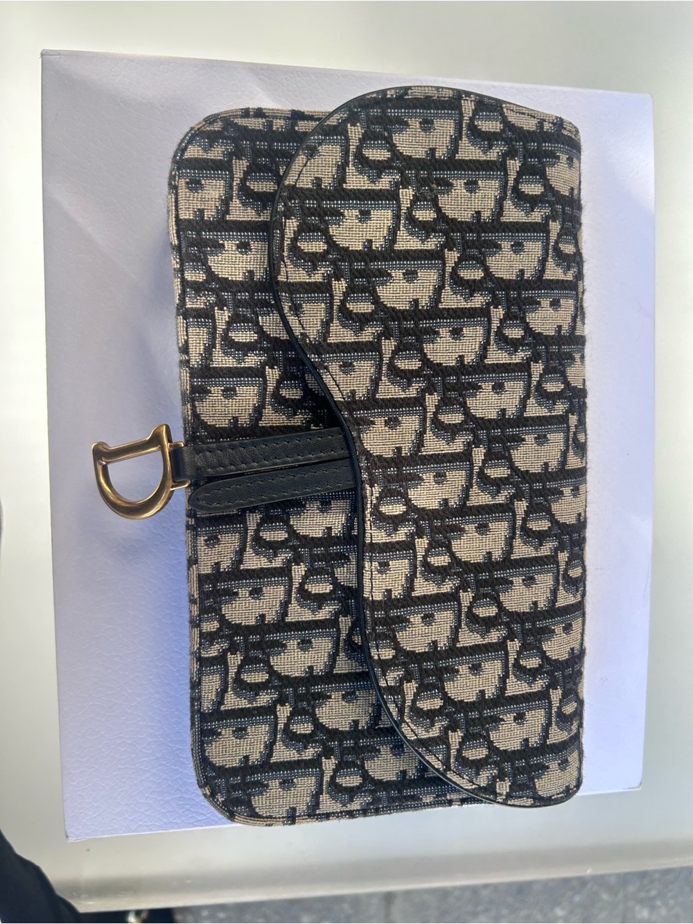 Dior Blue Navy Monogram Canvas Phone Wallet with Gold D-Ring
